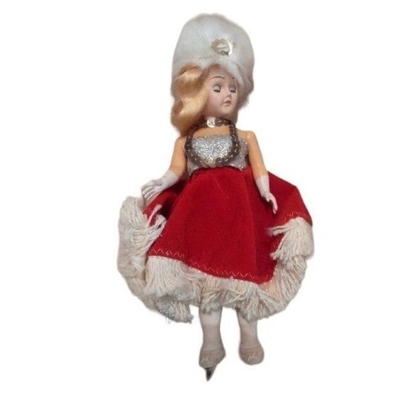 Other - Vintage Ice Skater Christmas Ornament Doll Red Velvet Dres Silver Sequin Holiday